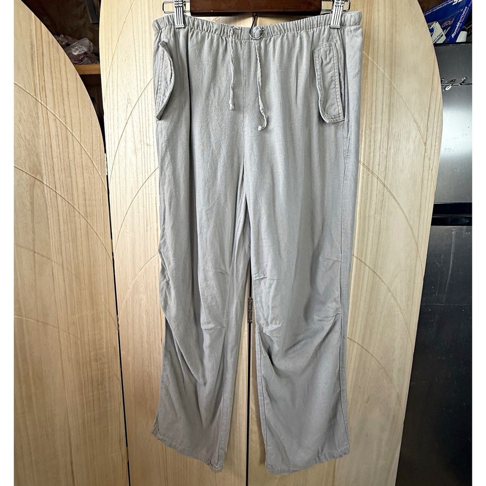 Vanilla Star Linen Blend Drawstring Wide Leg Utility Pants Taupe Gray Minimalist